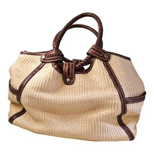 FOSSIL Medium Leather Handle Woven Straw Beige Brown Hobo Satchel Purse